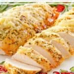rosemary chicken on a colorful plate.