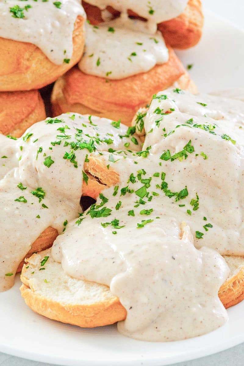 homemade white gravy over biscuits.