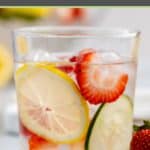 strawberry lemon cucumber water in a glass.