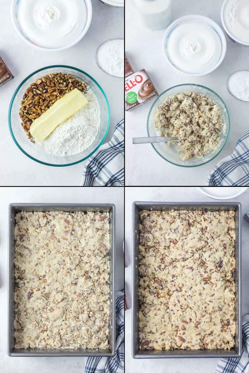 collage of chocolate delight pecan crust recipe steps.