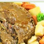 Instant Pot pot roast, gravy, and vegetables.