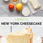 Lindy's New York cheesecake ingredients and a slice on a plate.