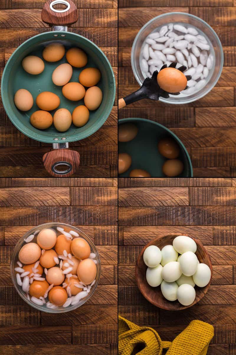 A four-panel collage showing how to hard-boil eggs. The first panel shows eggs in a pot of water. The next two show the cooked eggs being cooled in an ice bath. The final panel shows the perfectly peeled hard-boiled eggs in a bowl.