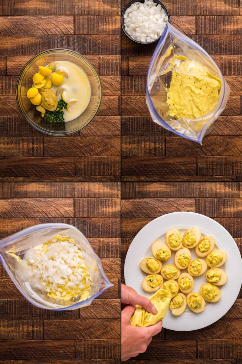 A four-panel collage showing how to make and pipe the deviled egg filling. The first panel shows the ingredients being mixed. The next two show the filling and onions in a plastic bag. The final panel shows the filling being piped into the smoked egg whites.