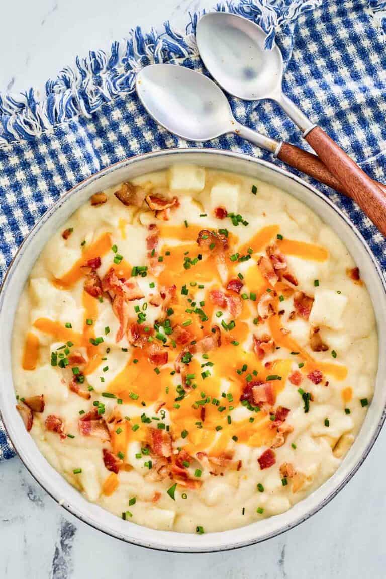 overhead view of a bowl of copycat Chili's baked potato soup.