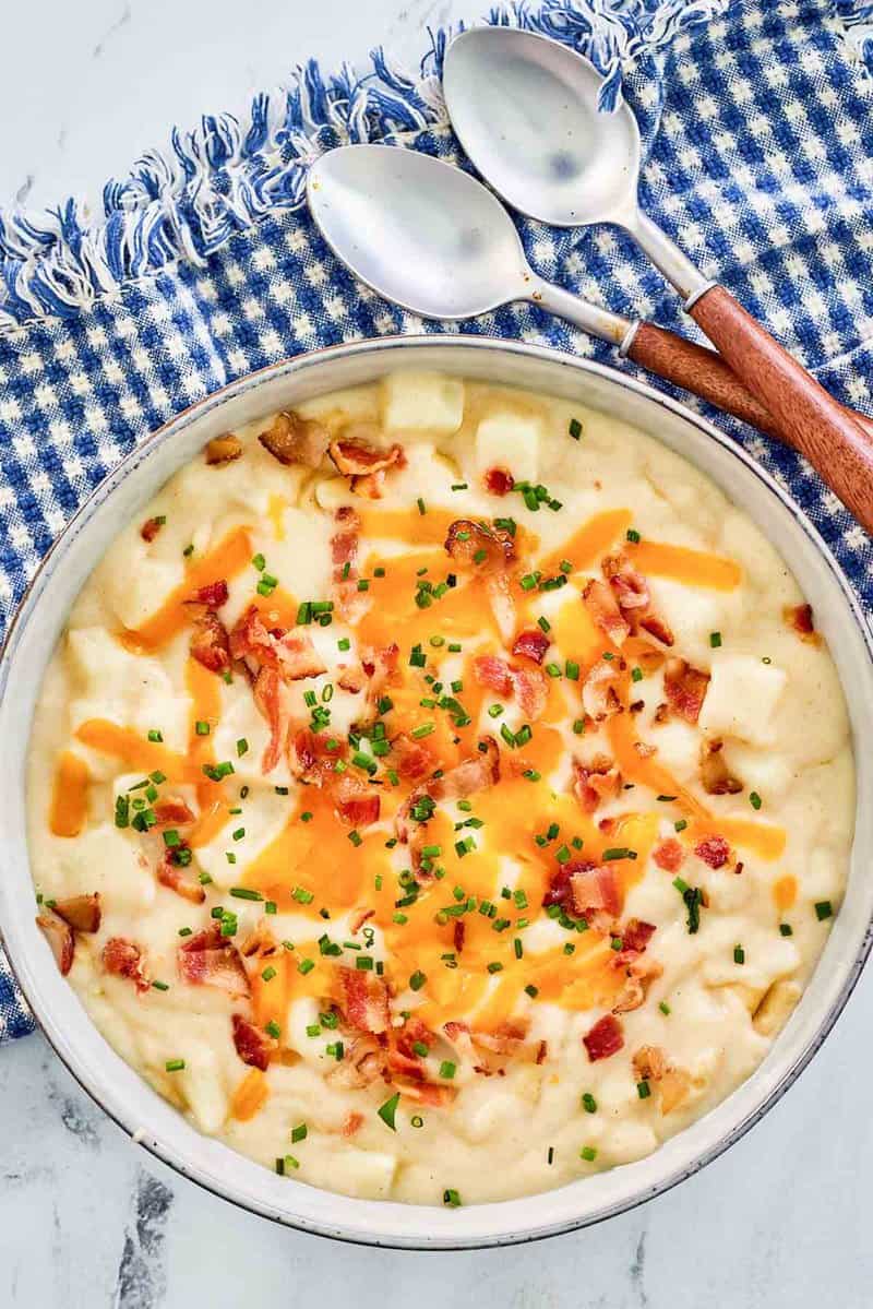 overhead view of a bowl of copycat Chili's baked potato soup.