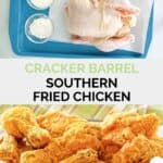 Cracker Barrel southern fried chicken ingredients and the finished dish.