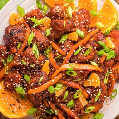 overhead view of copycat PF Chang's orange chicken.