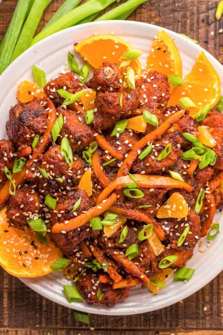overhead view of copycat PF Chang's orange chicken.