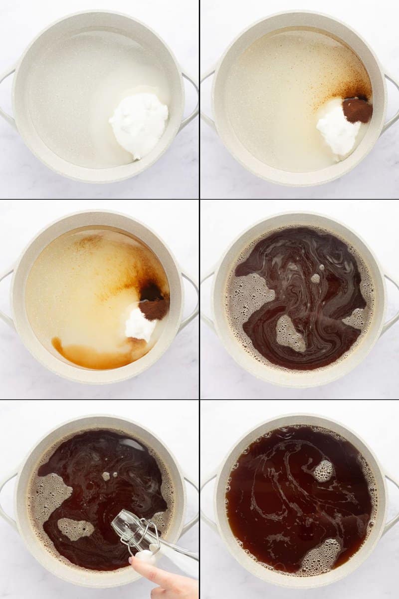 A six-panel collage showing the steps to make homemade Kahlua. It starts with combining sugar, water, and instant coffee in a pot, heating it into a syrup, letting it cool, and then stirring in rum to finish the liqueur.
