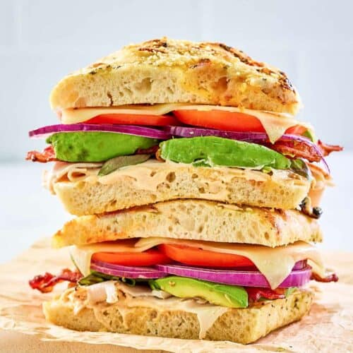 copycat Panera frontega chicken sandwich on parchment paper.