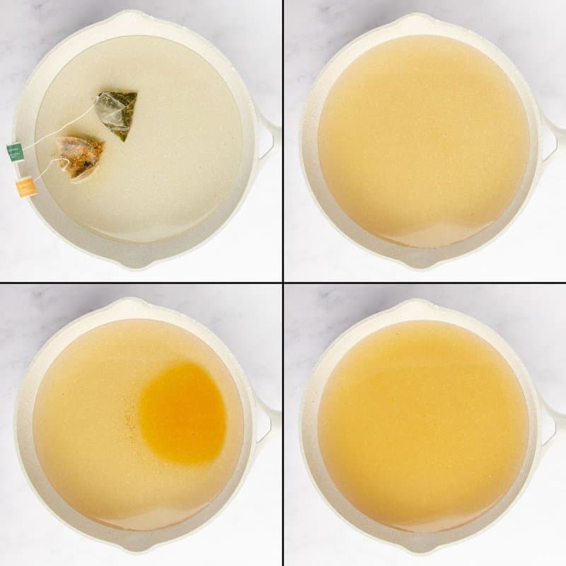 A four-panel collage showing how to make a Starbucks Medicine Ball. The first panel shows two types of tea bags steeping in hot water. The next panels show honey and lemonade being added and stirred in to create the finished hot beverage.
