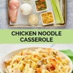chicken noodle casserole ingredients and a serving on a plate.