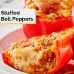 closeup of stuffed bell pepper cut in half.