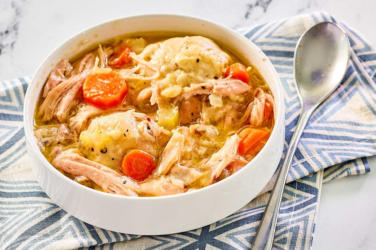 a bowl of homemade chicken and dumplings.