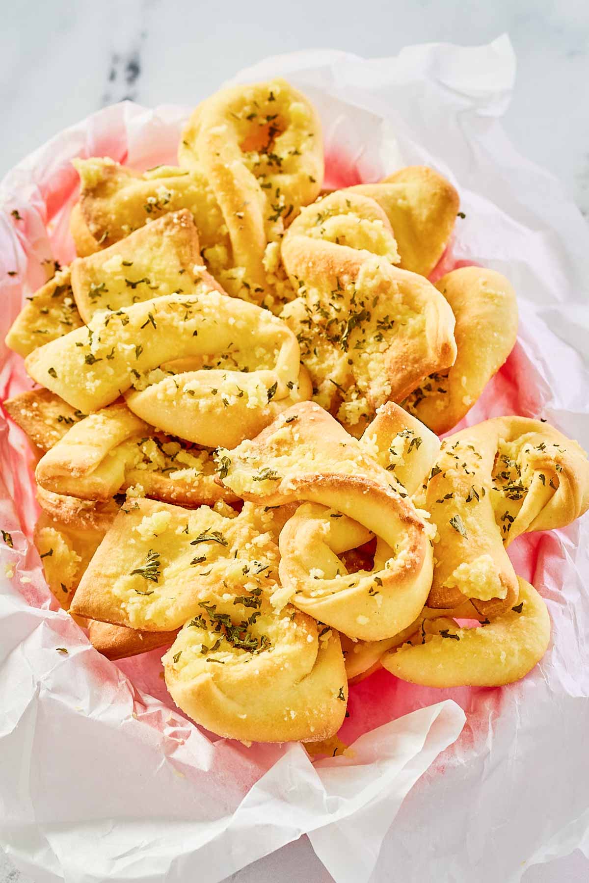copycat Domino's garlic bread twists in a basket.