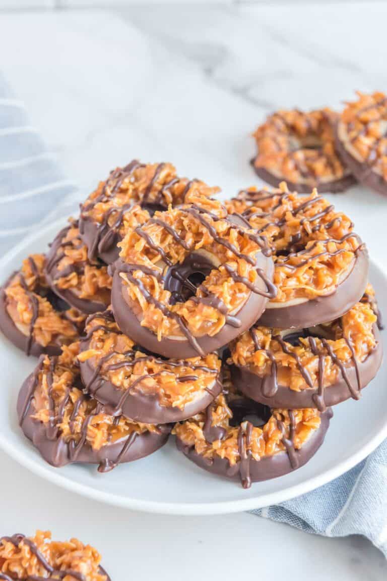 homemade Girl Scout samoas cookies on a plate.