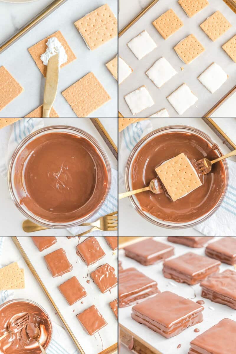 steps showing how to fill graham crackers with marshmallow and dip them in melted chocolate.