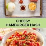 hamburger hash ingredients and a serving on a plate.