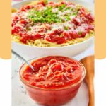 a bowl of homemade Olive Garden marinara sauce in front of a bowl of it on spaghetti.
