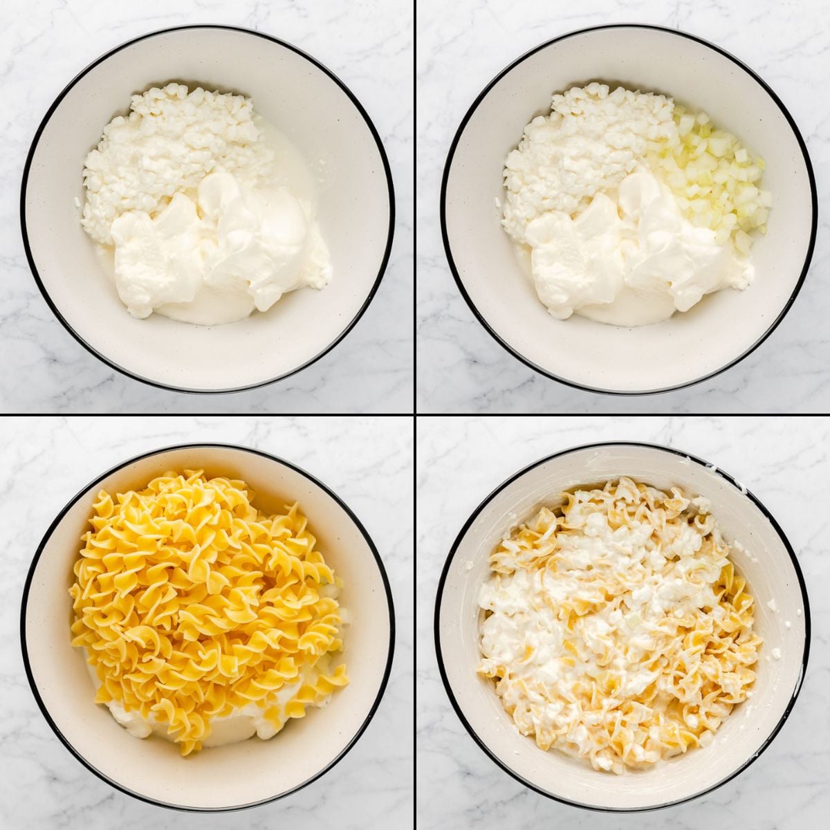 collage of preparing cheese noodle mixture for sour cream noodle bake.