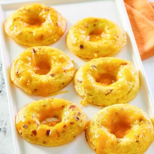 copycat Dunkin Donuts bacon cheddar omelet bites on a platter.