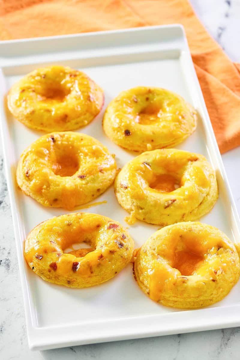 copycat Dunkin Donuts bacon cheddar omelet bites on a platter.