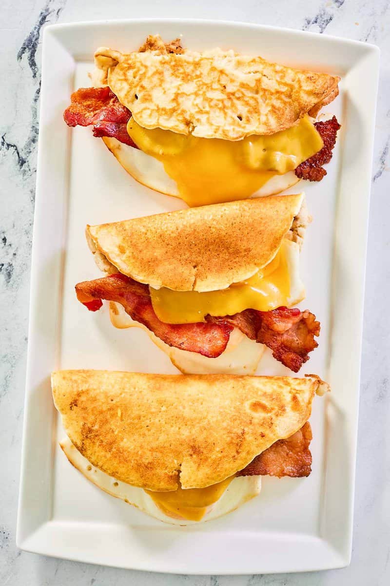 overhead view of copycat Dunkin pancake wake up wrap breakfast sandwiches.