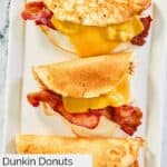 overhead view of three homemade Dunkin pancake wake up wraps on a white platter.