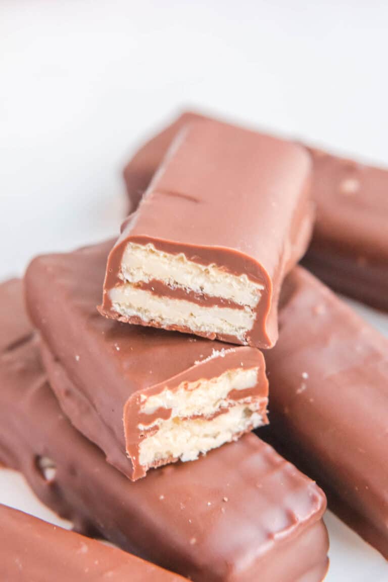 homemade kit kat bars and one cut in half to show the inside.