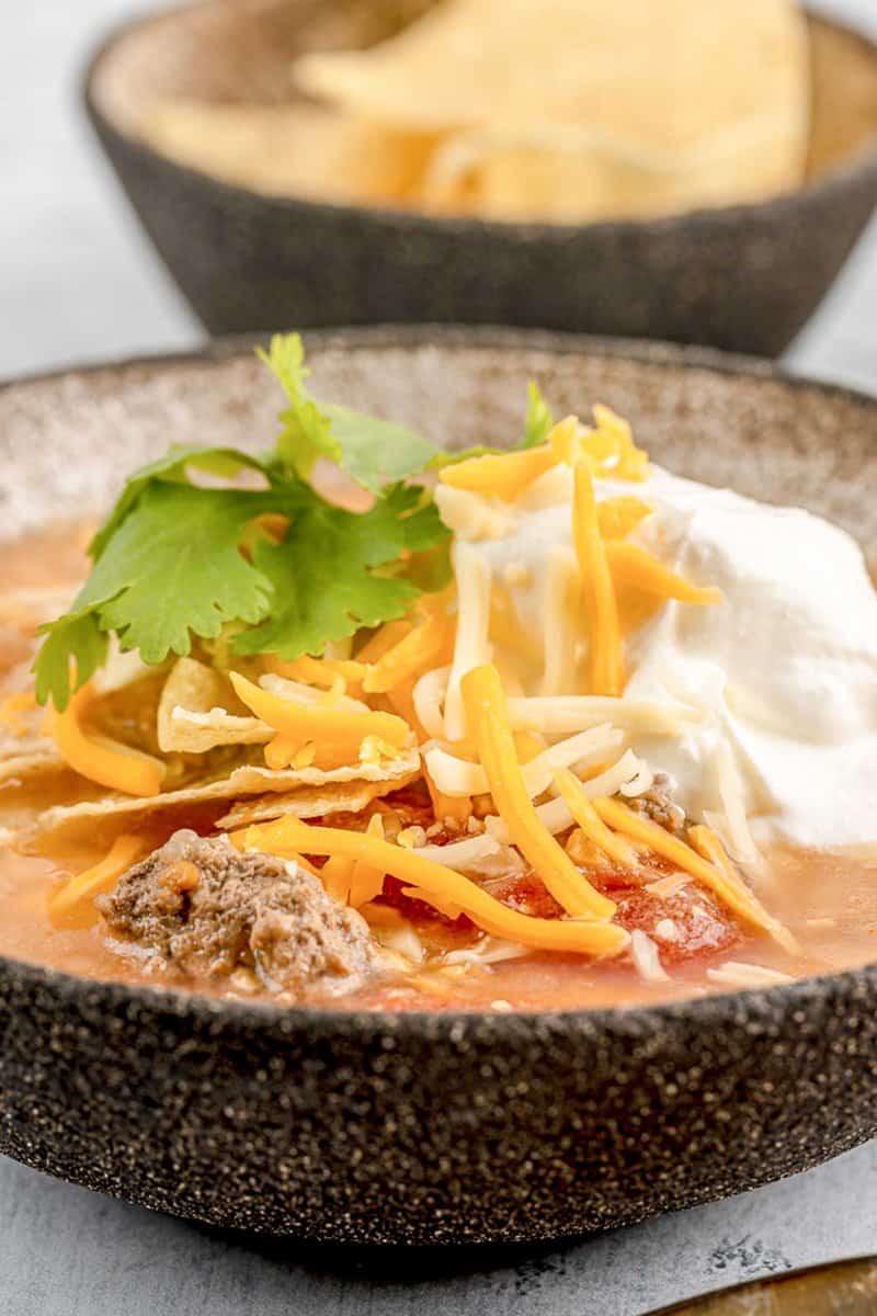 bowl of copycat Luby's beef tortilla soup.
