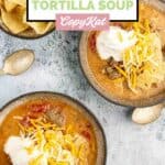 overhead view of homemade Luby's tortilla soup with cheese and sour cream on top.