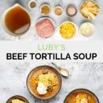 Luby's tortilla soup ingredients and the finished soup in bowls.