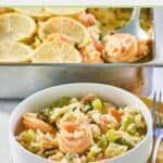 bowl of shrimp casserole in front of the casserole in a pan.