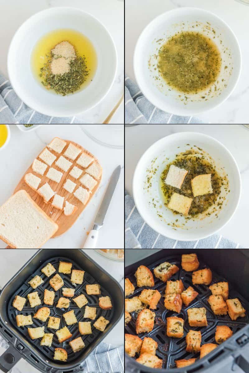 A six-panel collage showing how to make air fryer croutons. The first panels show seasonings being mixed with butter. Next, bread is cubed and tossed in the butter. The final panels show the croutons in the air fryer basket before and after cooking until golden brown.