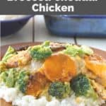 copycat Cracker Barrel broccoli cheddar chicken casserole over rice on a plate.