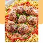 Platter of homemade Olive Garden spaghetti and meatballs.