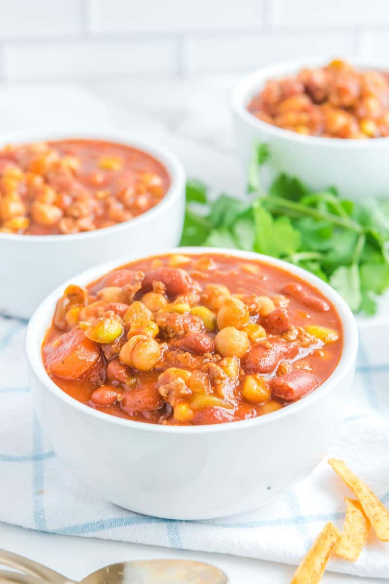 Copycat Panera turkey chili in three bowls.