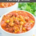 Homemade Panera turkey chili in a white bowl.