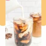 pouring cream into homemade Starbucks cold brew coffee.