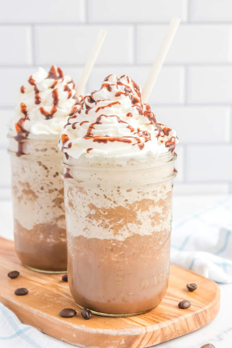 copycat Starbucks mocha frappuccino drinks in mason jars.