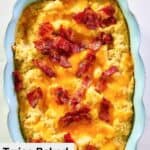 overhead view of twice baked cauliflower in a blue baking dish.
