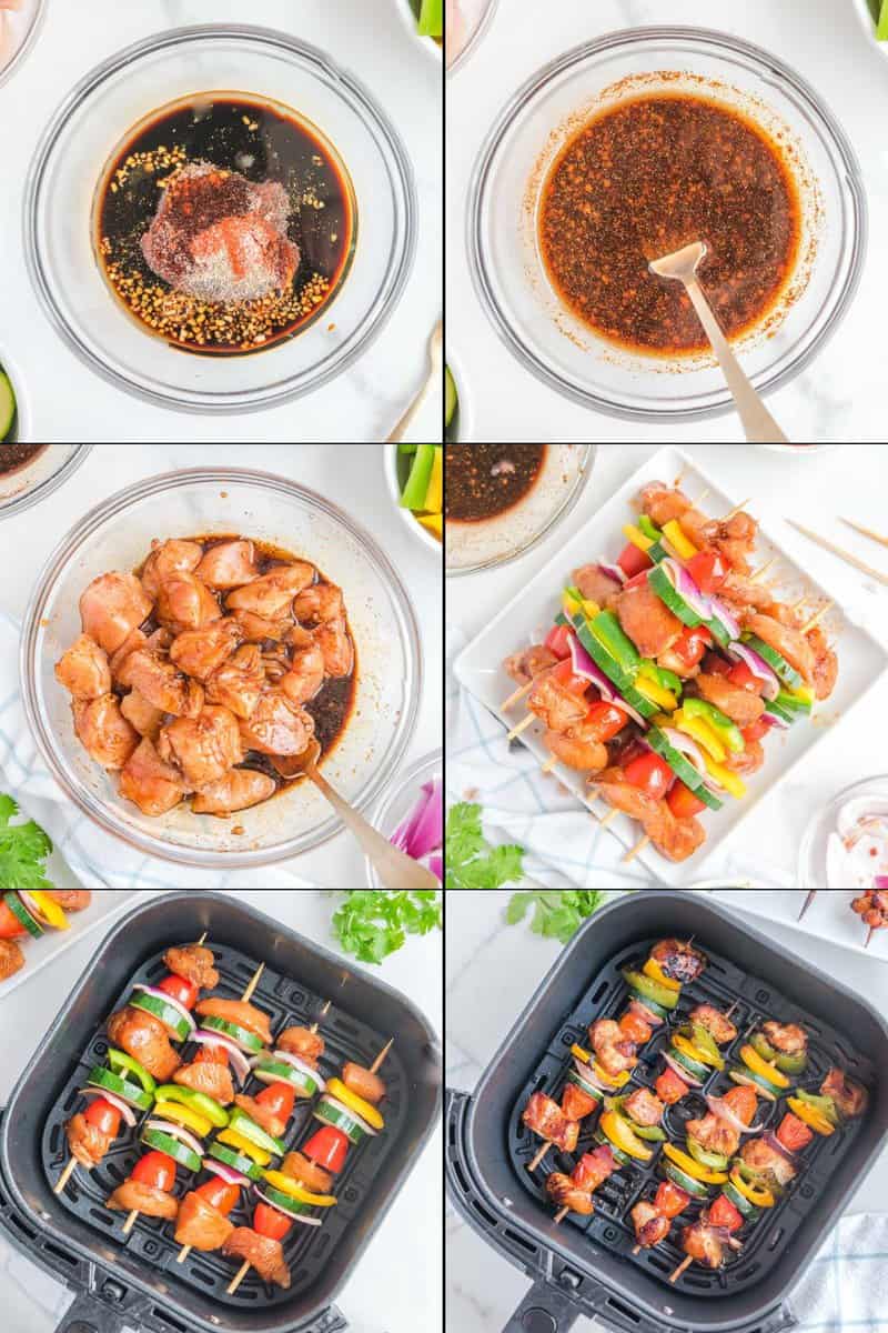 Collage of making air fryer chicken kabobs.