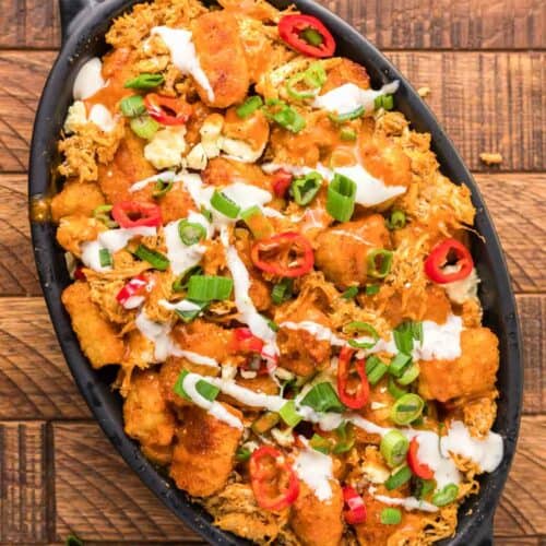 Overhead view of copycat Buffalo Wild Wings Buffalo chicken tots.