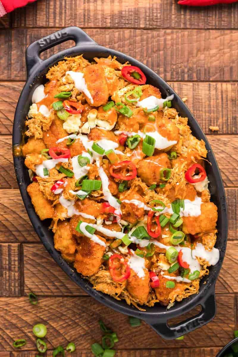 Overhead view of copycat Buffalo Wild Wings Buffalo chicken tots.