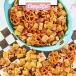 Overhead view of homemade classic chex mix in a bowl and on parchment.