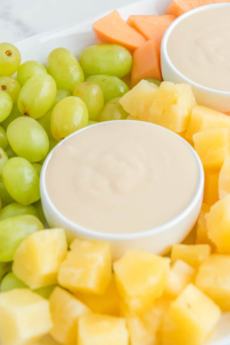 Copycat Jason's Deli fruit dip and assorted fresh fruit.