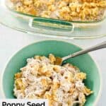 Poppy seed chicken in a bowl and glass baking dish.