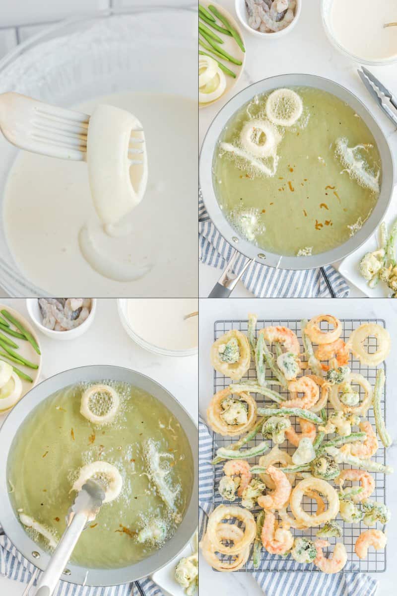 A four-panel collage showing the process of making tempura. The top-left shows an onion ring being dipped in batter. The top-right and bottom-left show the battered items frying in hot oil. The bottom-right shows the finished, crispy tempura draining on a wire rack.