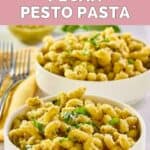 Homemade Alonti pecan pesto pasta in two white bowls.